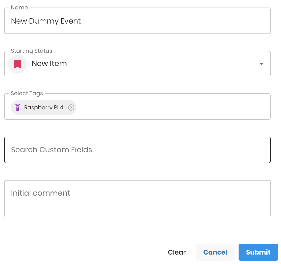 Create Event form for a dummy event