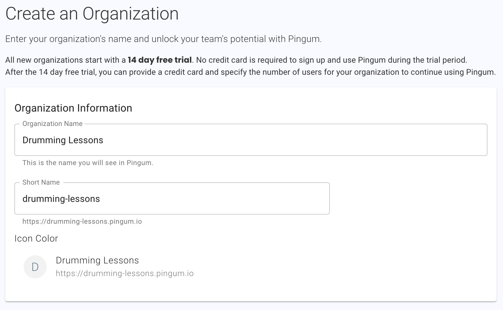 Pingum organization creation form